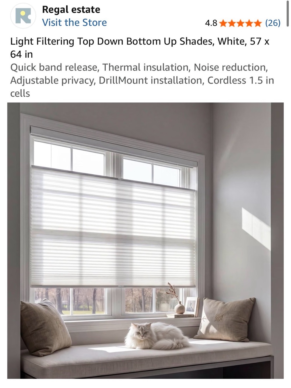 57x64 Regal Estate White Light-Filtering Top Down Bottom Up Roman Shades